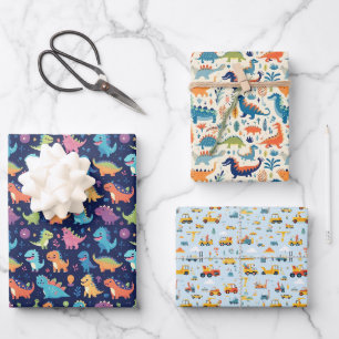 Feuille De Papier Cadeau Voitures Et Dinosaures