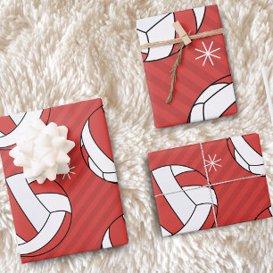 Feuille De Papier Cadeau Volley-ball Noël Festive rayé Ball Neige Rouge