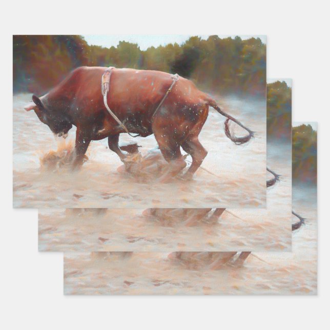 Feuille De Papier Cadeau Western Rodeo Bull Pays Rustique (Lot)