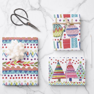 Feuille De Papier Cadeau Whimsical Colorful Hand-Painted Christmas