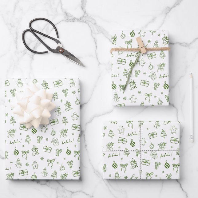 Feuille De Papier Cadeau Whimsical Hand Drawn Doodle Green (Recto)