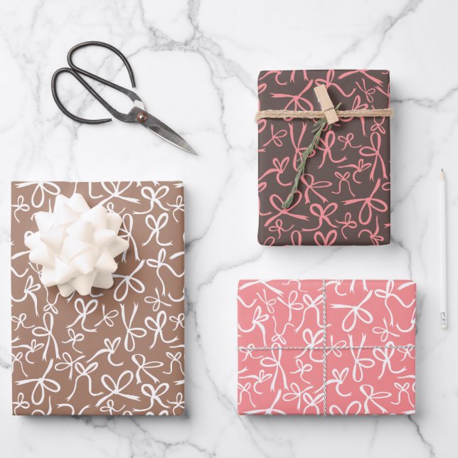 Feuille De Papier Cadeau Whimsical mignon rose Mocha Bows Motif Girly Cadea (Recto)
