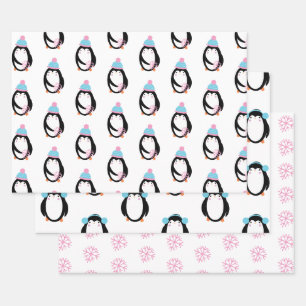 Feuille De Papier Cadeau Whimsical Penguin Snowflakes Noël