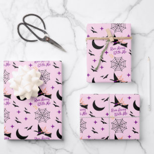 Feuille De Papier Cadeau Whimsical "Run Away With Me" Halloween Witch & Bat