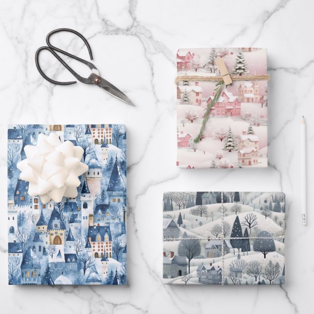 Feuille De Papier Cadeau Whimsical Snowy Winter Village Holiday Pattern  (Recto)