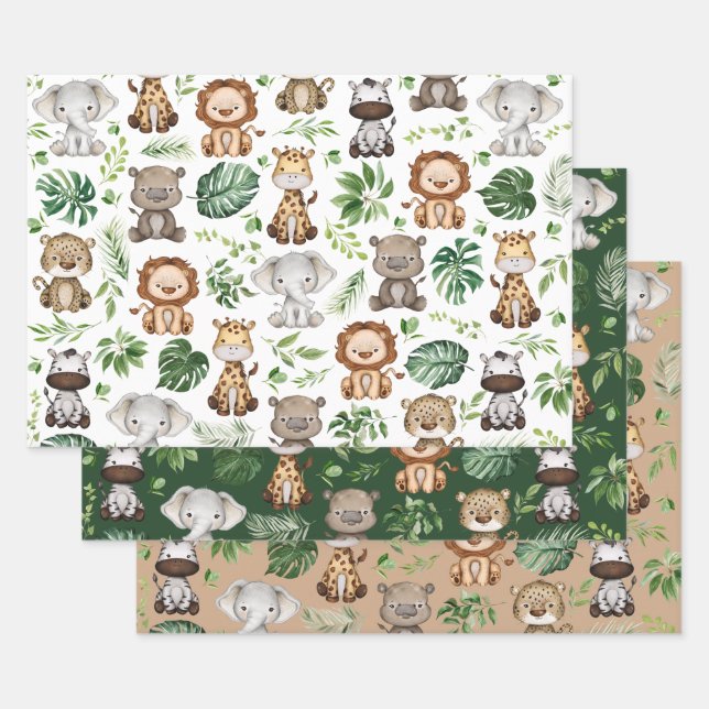 Feuille De Papier Cadeau Whimsical Tropical Jungle Safari Animaux sauvages (Lot)