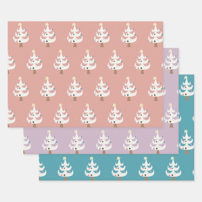 Feuille De Papier Cadeau Whimsical White Christmas Trees Trio (Lot)