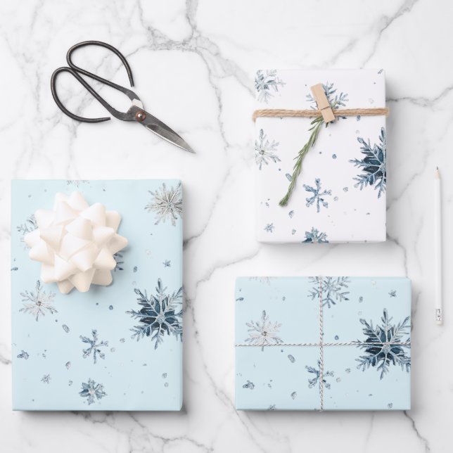 Feuille De Papier Cadeau White Blue Snowflakes Christmas (Recto)