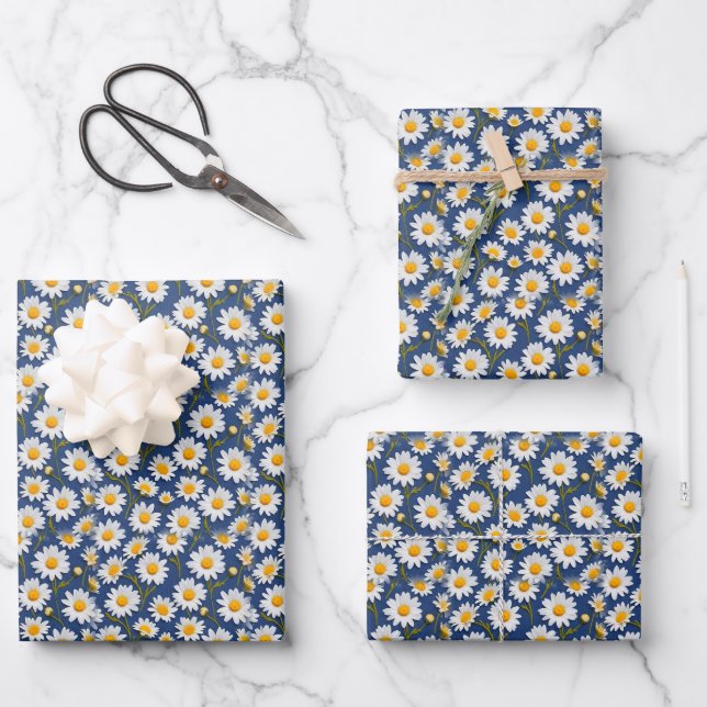 Feuille De Papier Cadeau White English Daisies on Dark Blue (Recto)