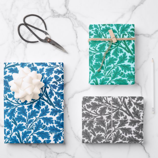 Feuille De Papier Cadeau William Morris Chêne Feuilles, bleu, turquoise et  (Recto)