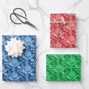 Feuille De Papier Cadeau William Morris Thistle Damask, bleu, vert et rouge