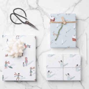 Feuille De Papier Cadeau Winter People Village Snowman Noël Holiday