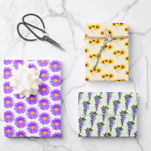 Feuille De Papier Cadeau Wisteria, tournesol, violet Fleur sauvage Motif (Recto)