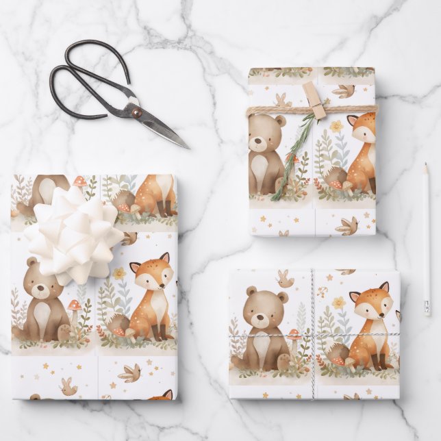 Feuille De Papier Cadeau Woodland animals Neutral Baby Shower (Recto)