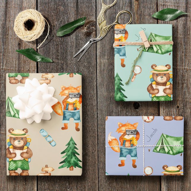 Feuille De Papier Cadeau Woodland Camping Animaux Enfants Motif d'aquarelle (Créateur téléchargé)