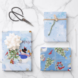 Feuille De Papier Cadeau Woodland Christmas Snowman Cardinal Deer Snowflake