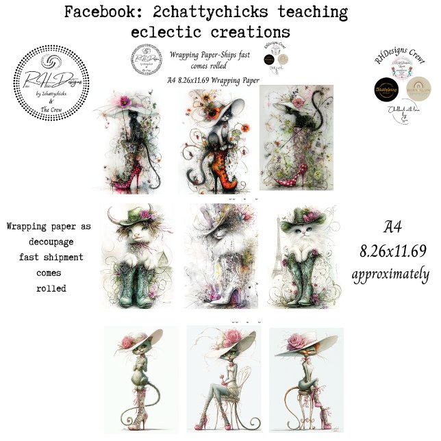 Feuille De Papier Cadeau Wrapping Paper 9 A4 Designs Whimsical Cats Deco (Créateur téléchargé)