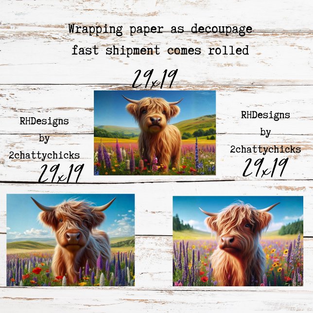 Feuille De Papier Cadeau Wrapping Paper Decoupage 3 Highland Cow Designs  (Créateur téléchargé)