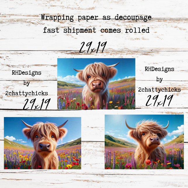Feuille De Papier Cadeau Wrapping Paper for Decoupage 3 Highland Cows  (Créateur téléchargé)