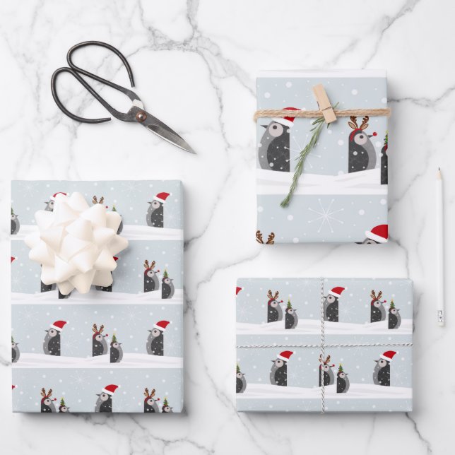Feuille De Papier Cadeau Wrapping paper set with holiday penguins (Recto)