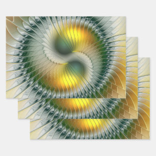 Feuille De Papier Cadeau Yin Yang Vert Jaune Abstrait Fractale Colorée