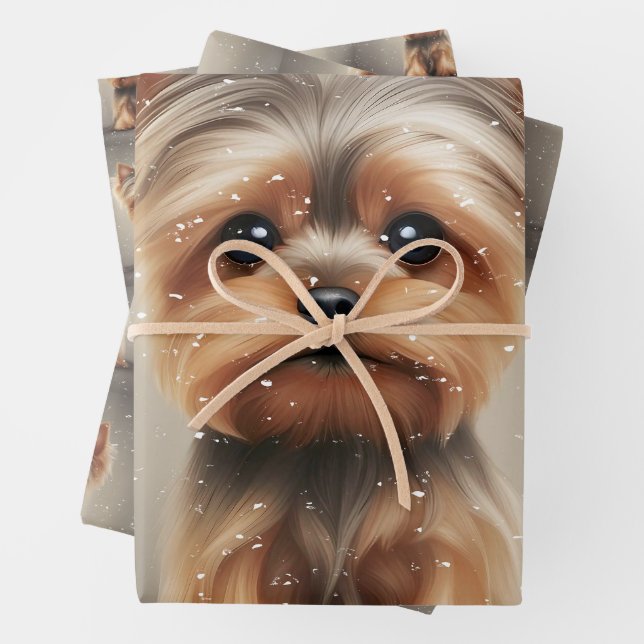 Feuille De Papier Cadeau Yorkie Snowy Moment Noël mignon (En situation)