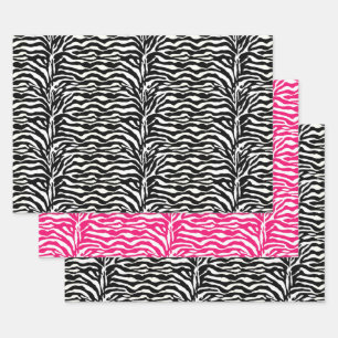 Feuille De Papier Cadeau Zèbre, noir & blanc, rose chaud