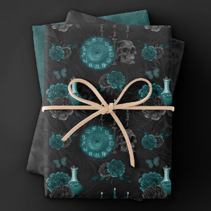 Feuille De Papier Cadeau Zodiac Magie   Turquoise foncé vert crâne gothique