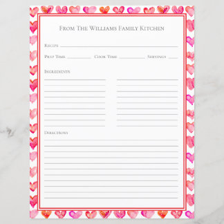 Feuille de papier de recette à motif cœurs rose et