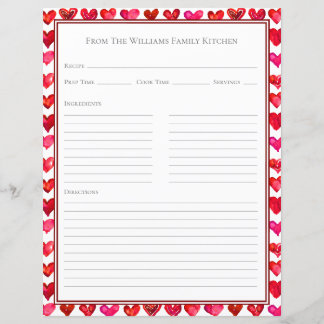 Feuille de papier de recette cœurs rouges rose bla
