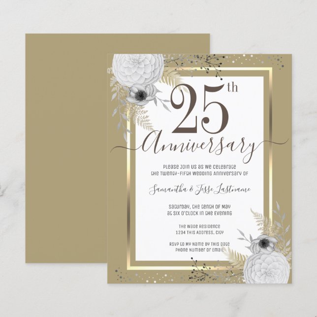 Feuille de papier Floral Or 25e Anniversaire de Ma (Devant / Derrière)