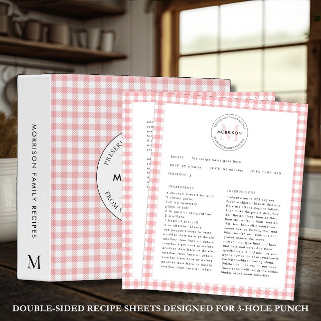 Feuille de recette de la famille En vichy monogram (Preserving Family Recipes Double-Sided Red Check Recipe Sheets Designed for 3-Hole Punch)