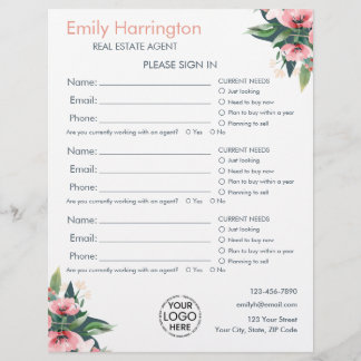 Feuille d'inscription Blush Bloom grise pour agent