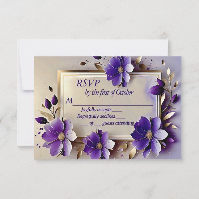 Feuille d'or fleurs violet mariage carte RSVP (Devant)