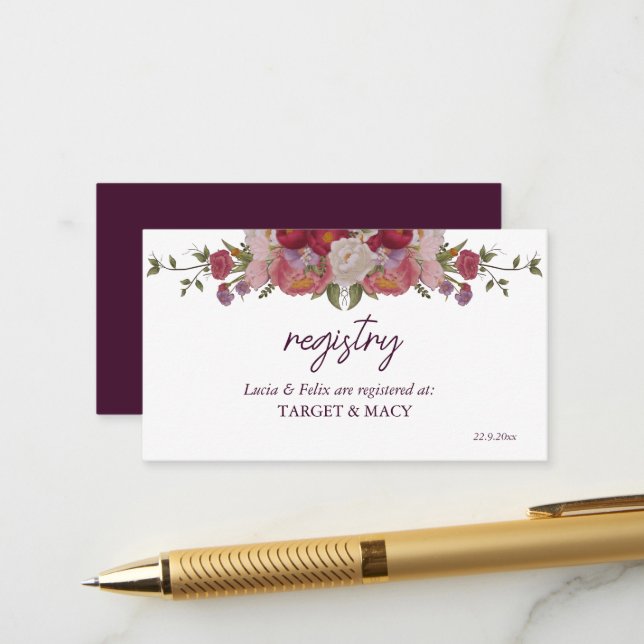 Feuille Et Fleurs Bourgogne Mariage Carte Enregist (Devant/Arrière en situation)
