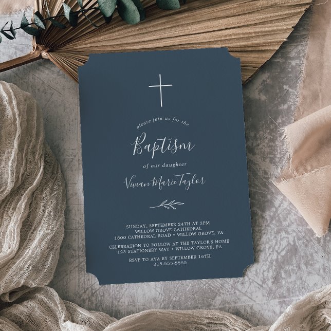 Feuille minimale | Baptême bleu ardoise Invitation (Créateur téléchargé)