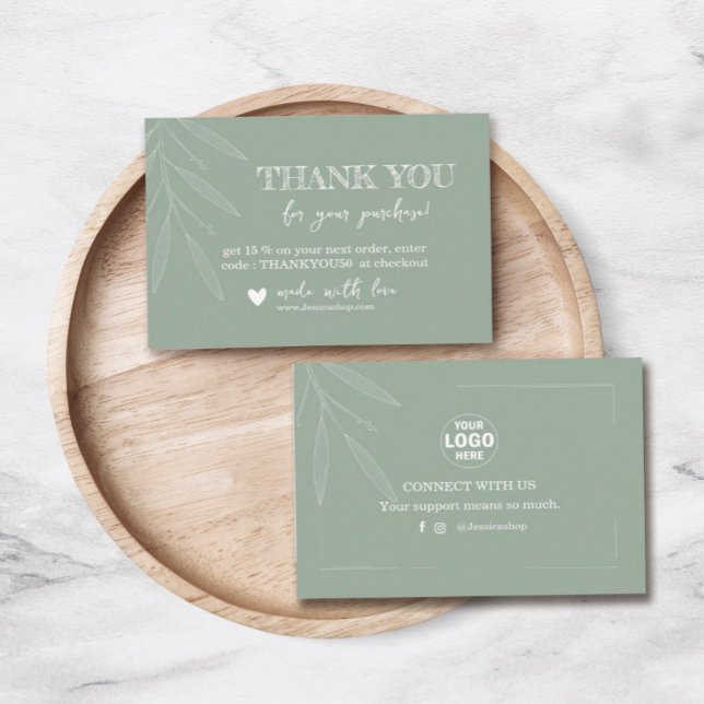 Feuille minimale carte de remerciements | Sage Gre (#greeneryinteriordesign #script #modern #Customlogo #pastellightsagegreen #Minimalleaf # whimsical)