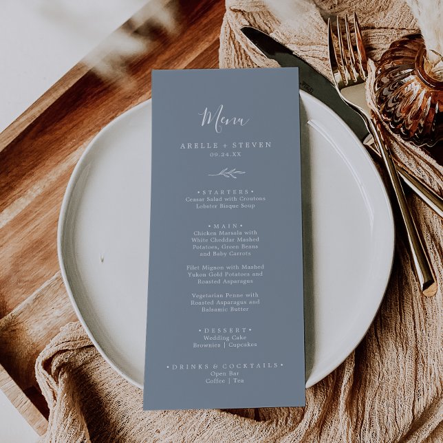 Feuille minimale | Menu Mariage bleu et blanc (Créateur téléchargé)