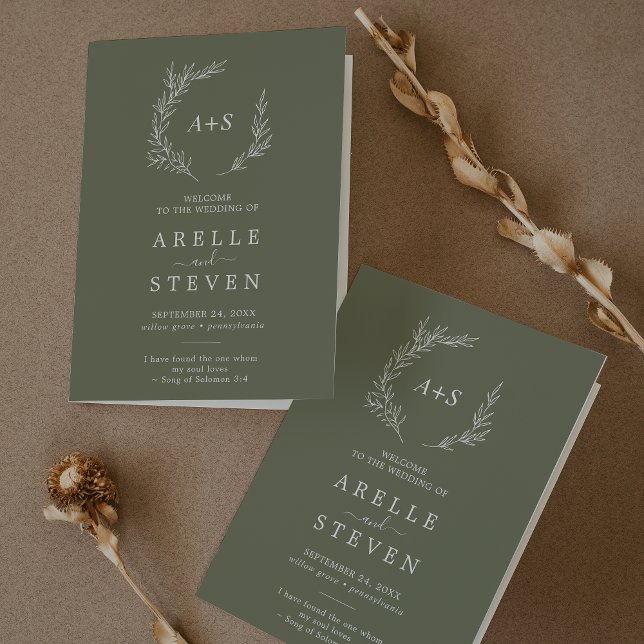 Feuille minimale | Programme de mariage plié vert  (Créateur téléchargé)