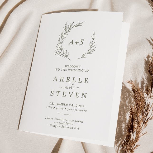 Feuille minimale | Programme de mariage plié vert  (Créateur téléchargé)