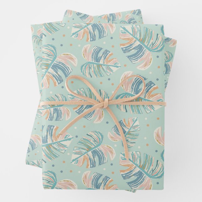 Feuille Monstera - Turquoise, Vert, Corail, Moutar (En situation)