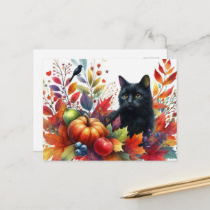 Feuille orange d'automne et carte postale de chat 