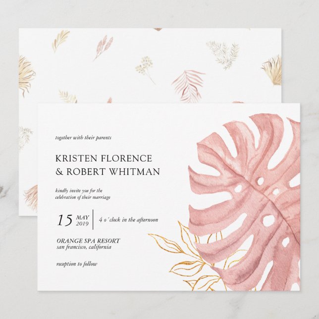 feuille tropicale Faire-part de mariage or pastel (Devant / Derrière)
