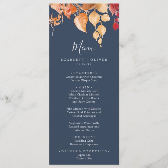Feuilles automnales | Menu Mariage bleu marine et  (Devant)