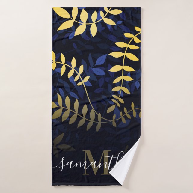 Feuilles bleu et or (Serviette de bain)