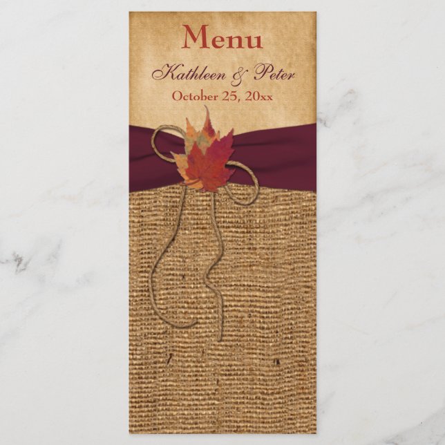 Feuilles d'automne FAUX Burlap Mariage Carte menu  (Devant)