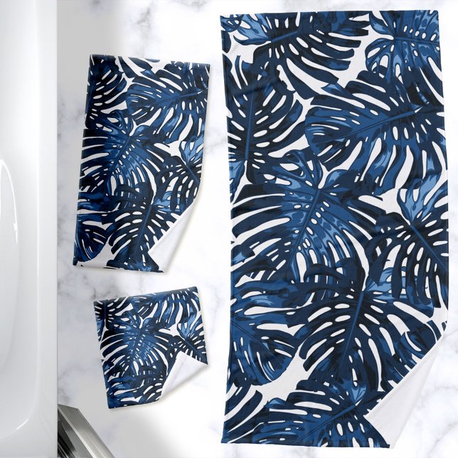 Feuilles de la jungle blanche bleue de la Marine t (Navy blue and white jungle leaves towel set)