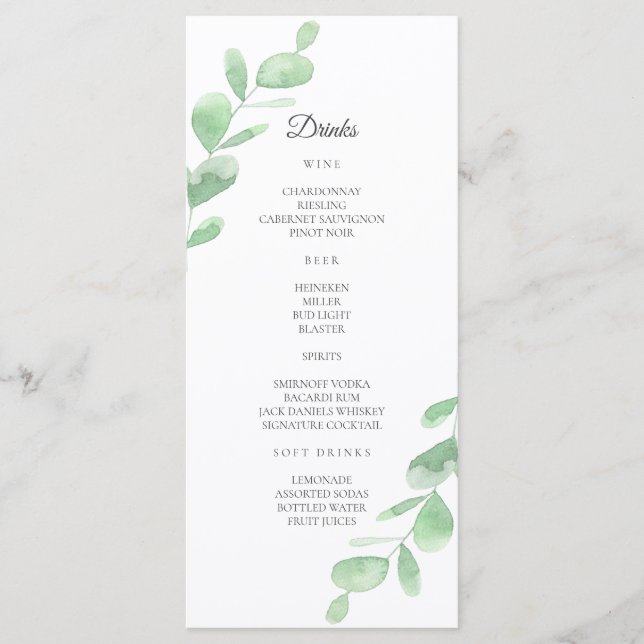 Feuilles de l'Eucalyptus Vert. Menu Barre mariage  (Devant)