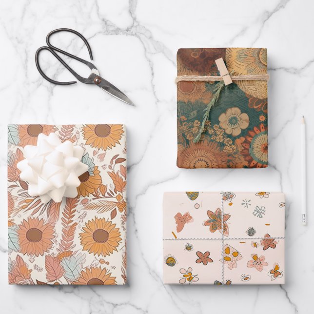Feuilles de papier à enveloppement floral Boho (Recto)
