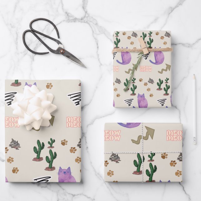 Feuilles de papier à envelopper Chat Poisson Cactu (Recto)